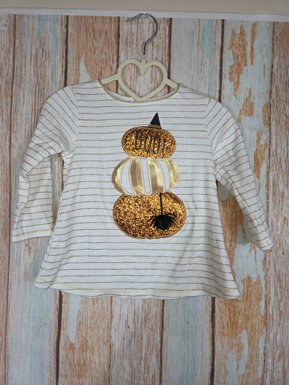 Mud Pie Cream & Gold Striped Long Sleeve Pumpkin Stack Top. 12-18m 100% Cotton